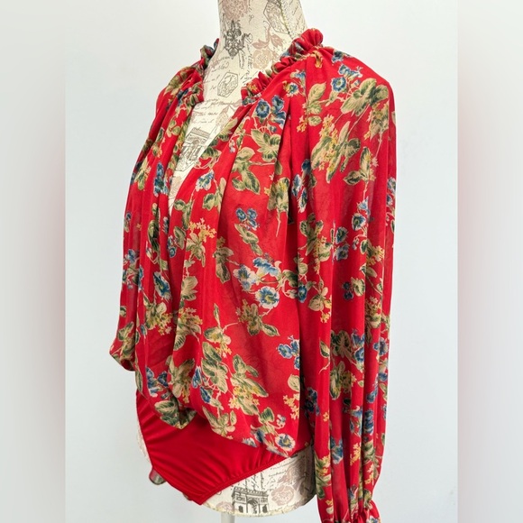 MISSGUIDED  Red floral surplice poet sleeve bodysuit size 10 - Picture 9 of 15